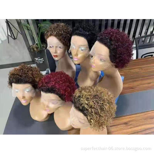 Perruque Colored Pixie Cut Wig Human Hair Curly Bob Short Pixie Cut Lace Wig Bleached Knots Lace Frontal Pixie Curls Wig